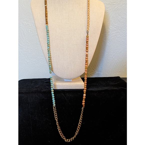 Turquoise Bead, Bronze, Copper, Braided Cord, Toggle Clasp Cross Charm Necklace - Picture 2 of 12